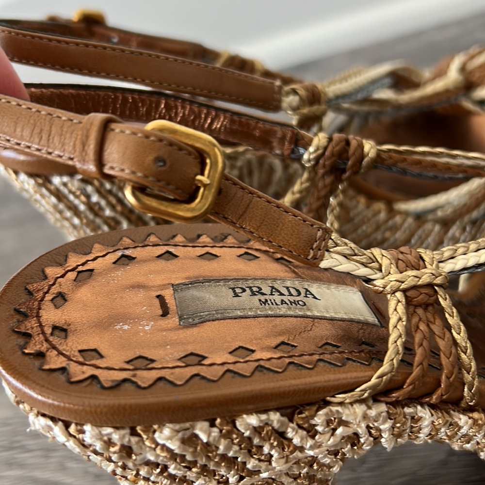 Prada Brown, Tan and Cream Braided Platform Sandals - Picture 11 of 14